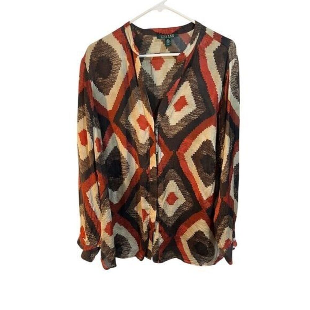 Lauren Ralph Lauren Women's Silk Geometric Blouse Brown Size 1X